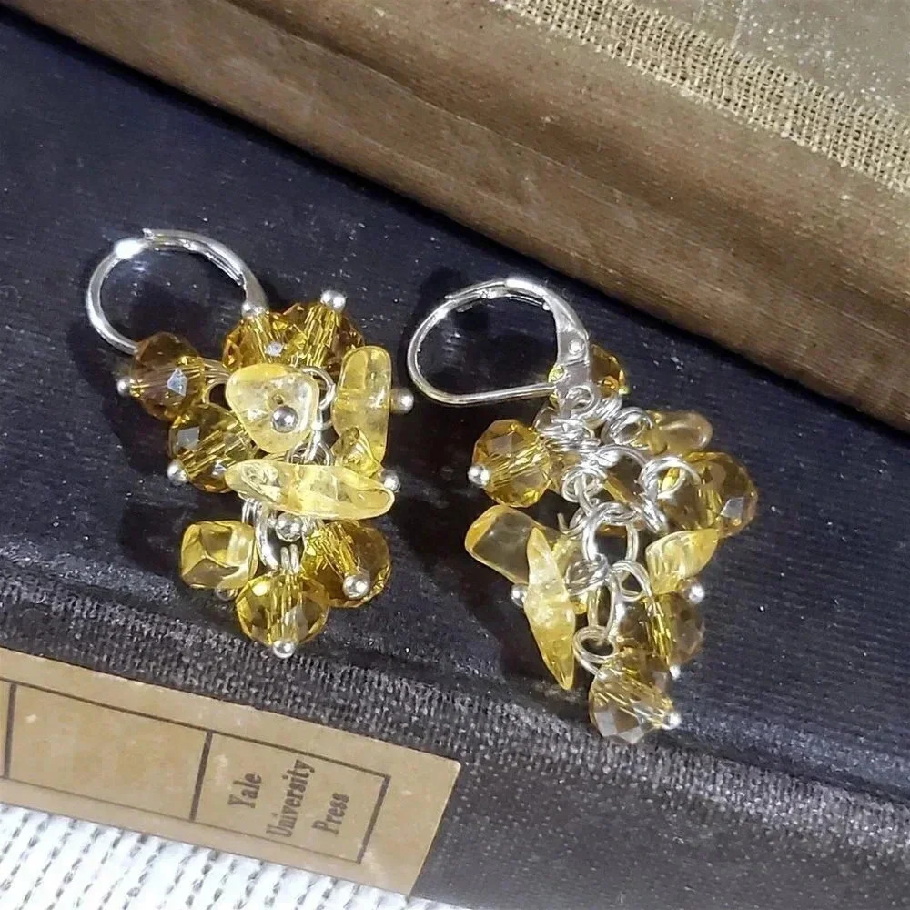 Handcrafted Natural Citrine Gemstone Czech Crystal Beads Silver Plated Earrings